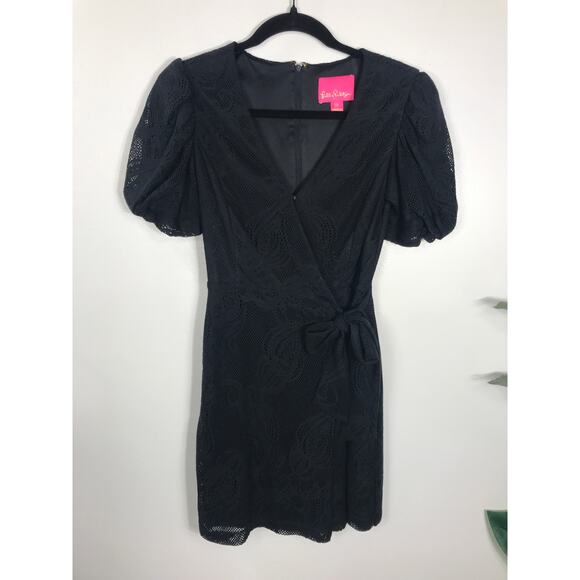 Lilly Pulitzer Jasleen Mini Black Wrap Lace Romper Dress Shorts Womens XS Resort - Picture 2 of 16